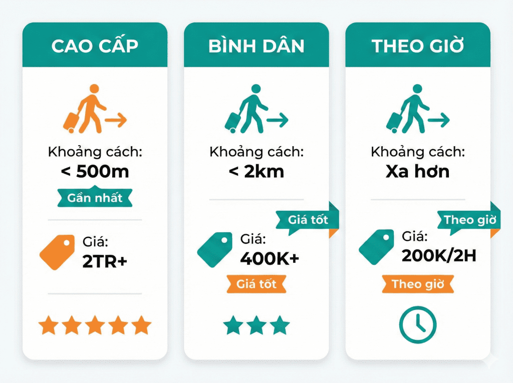 Bảng so sánh khách sạn gần sân bay Tân Sơn Nhất theo phân khúc cao cấp, bình dân và theo giờ.