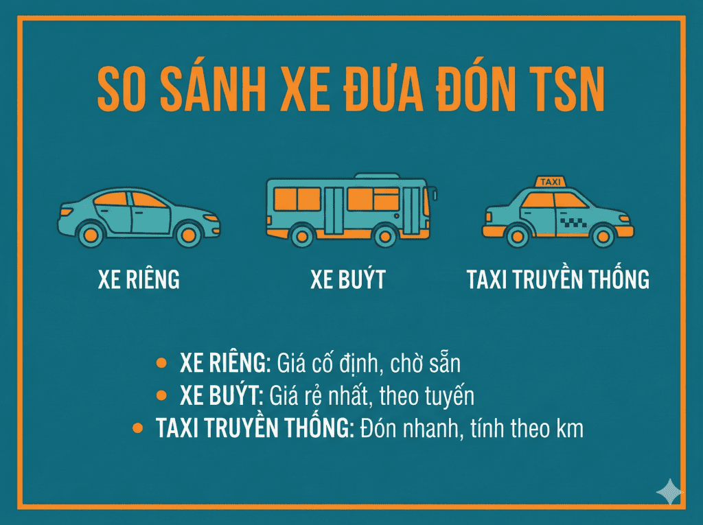 Bảng so sánh giá và ưu điểm các loại xe đưa đón sân bay Tân Sơn Nhất: Xe riêng, Xe buýt, Taxi.