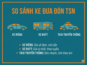 Bảng so sánh giá và ưu điểm các loại xe đưa đón sân bay Tân Sơn Nhất: Xe riêng, Xe buýt, Taxi.