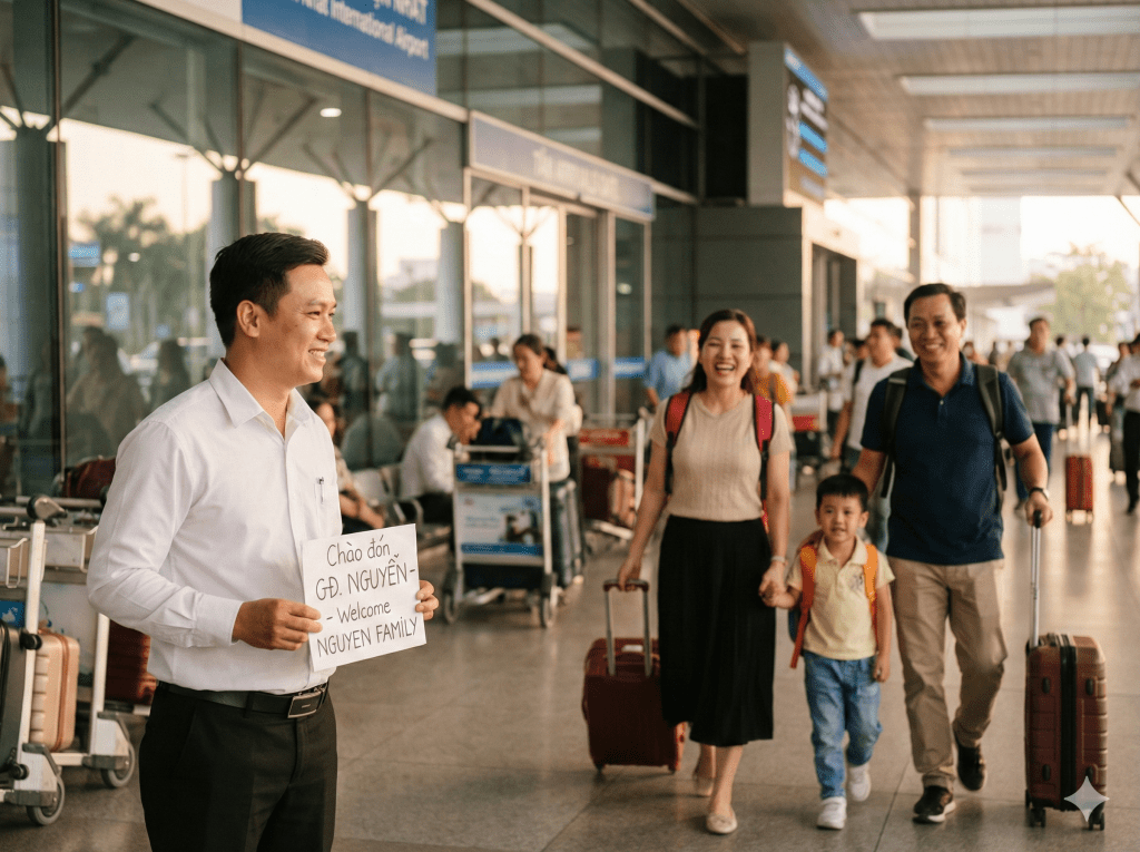Tài xế cầm biển tên đón gia đình tại sảnh đến sân bay Tân Sơn Nhất.
