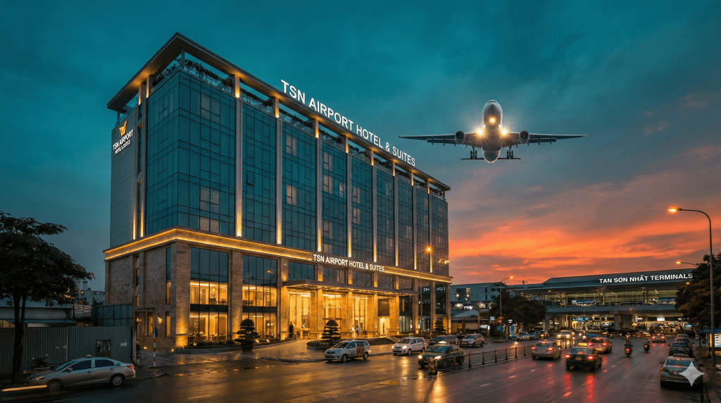 Khách sạn sang trọng trên đường Trường Sơn ngay sát sân bay quốc tế Tân Sơn Nhất vào lúc hoàng hôn, với máy bay đang hạ cánh