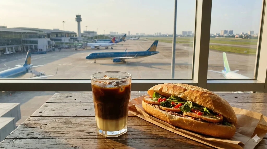 Cà phê sữa đá và bánh mì kẹp trên bàn gỗ tại nhà ga T3 Tân Sơn Nhất với view nhìn ra đường băng.