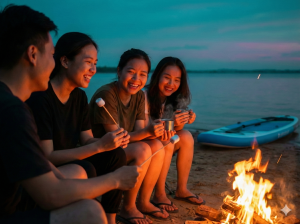 Nhóm bạn trẻ đang nướng kẹo marshmallow bên lửa trại tại hồ Dầu Tiếng, phía sau là thuyền SUP trên bãi bồi ven hồ vào buổi chạng vạng