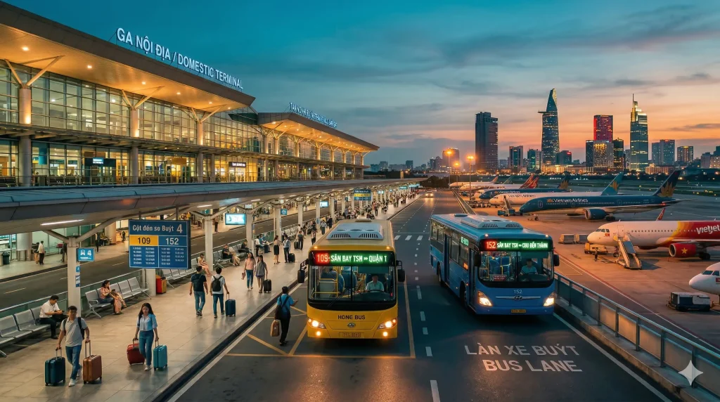 Xe buýt 109 và 152 tại ga quốc nội sân bay Tân Sơn Nhất đi về trung tâm Quận 1 năm 2026.