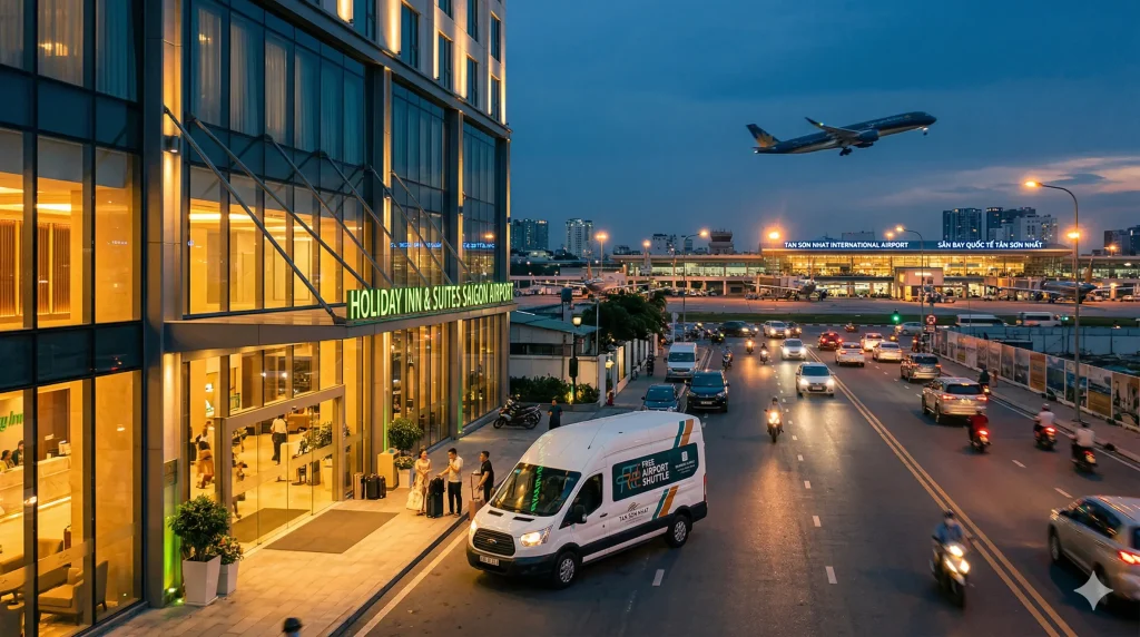 Bức ảnh hoàng hôn chuyên nghiệp chụp một khách sạn 5 sao gần sân bay Tân Sơn Nhất, nơi có một chiếc xe shuttle van màu trắng đang đậu để đón khách với biển hiệu 'FREE AIRPORT SHUTTLE'. Phía sau là sân bay TSN với máy bay đang cất cánh.