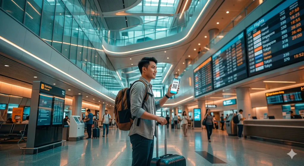 Một hành khách nam trẻ tuổi đứng tại nhà ga Sân bay Quốc tế Tân Sơn Nhất, cầm điện thoại thông minh hiển thị mã QR để kích hoạt eSIM du lịch, phía sau là bảng thông tin chuyến bay lớn và kiến trúc hiện đại.