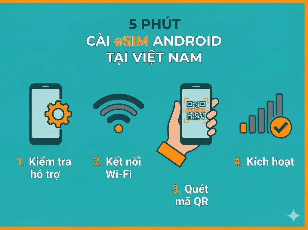 Biểu đồ thông tin 4 bước cài eSIM Android Việt Nam chỉ trong 5 phút cho du khách đến Tân Sơn Nhất: 1. Kiểm tra máy hỗ trợ, 2. Kết nối Wi-Fi ổn định, 3. Quét mã QR của nhà mạng Viettel/Vinaphone, 4. Kích hoạt mạng data.
