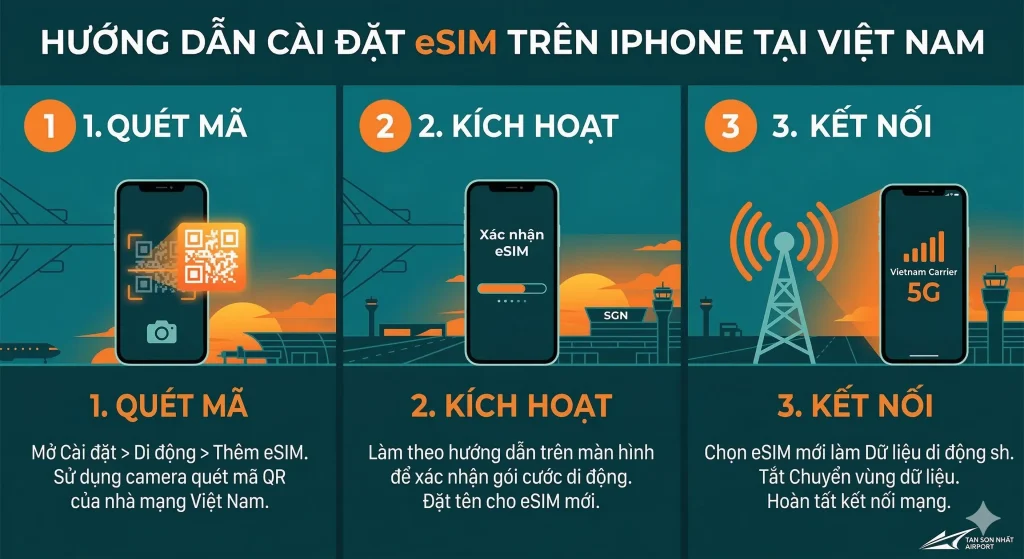 Infographic hướng dẫn 3 bước cài đặt eSIM trên iPhone tại Việt Nam: Quét mã QR, Kích hoạt gói cước và Kết nối 4G/5G.