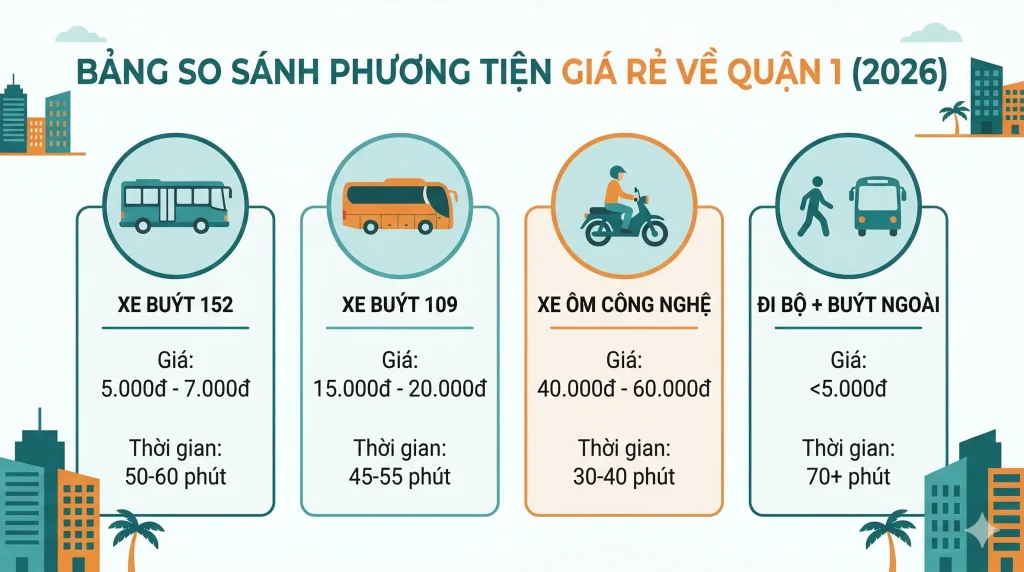 Infographic so sánh 4 cách đi rẻ nhất từ sân bay Tân Sơn Nhất về Quận 1 năm 2026: Xe buýt 152, xe buýt 109, xe ôm công nghệ và đi bộ.