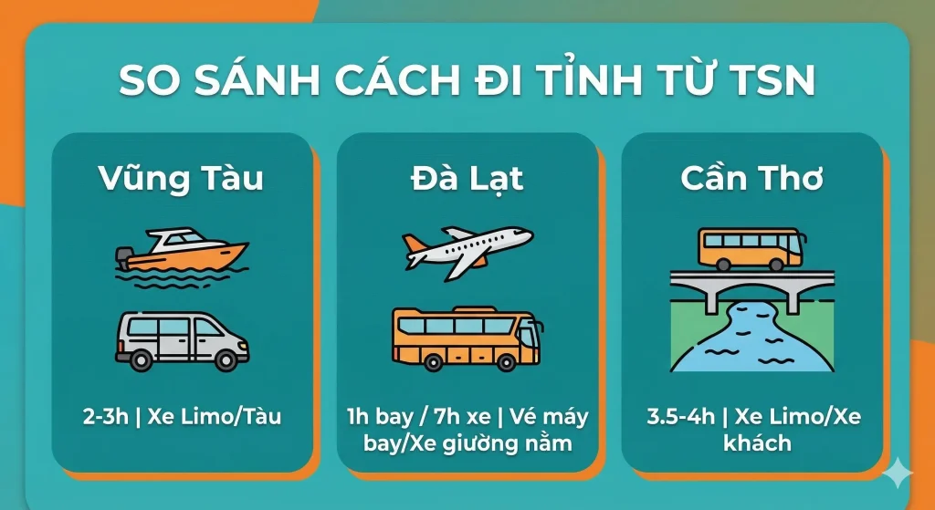 Bảng so sánh phương tiện di chuyển từ sân bay TSN đi Vũng Tàu (tàu cao tốc, limousine), Đà Lạt (máy bay, xe giường nằm) và Cần Thơ (xe khách, limousine).
