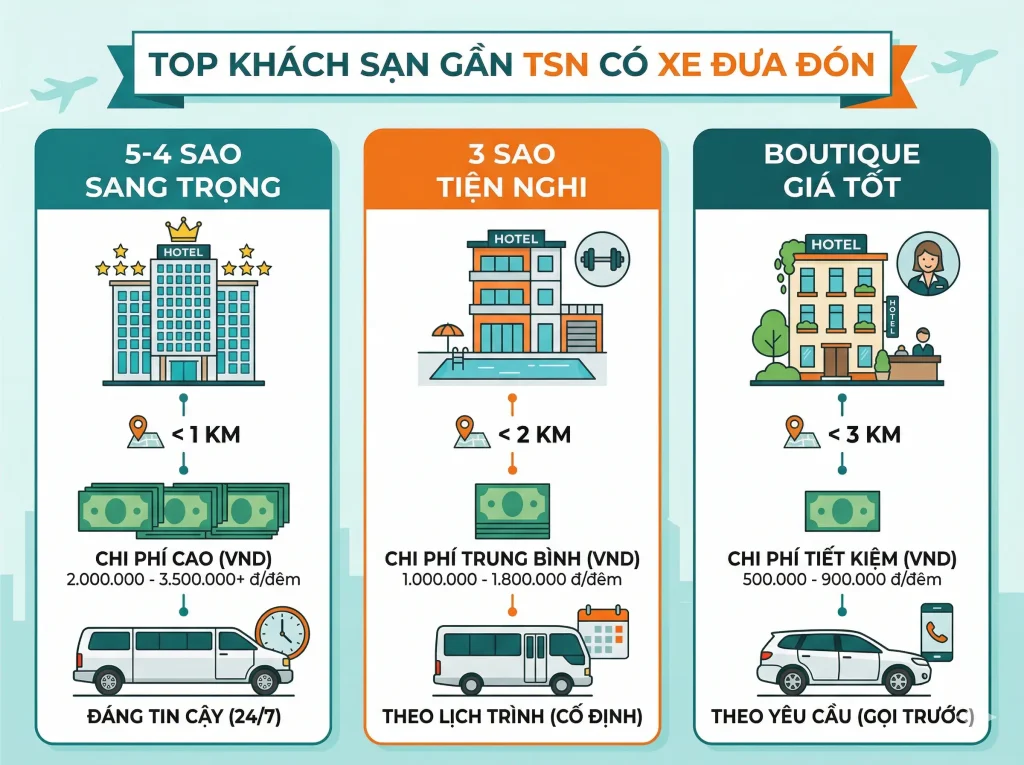 Infographic so sánh 3 phân khúc khách sạn gần sân bay Tân Sơn Nhất có xe đưa đón: 4-5 sao (đón 24/7, giá từ 2tr VND), 3 sao (đón theo lịch, giá 1-1.8tr VND), và Boutique (đón theo yêu cầu, giá 500k-900k VND).