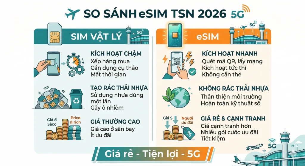 Infographic so sánh SIM vật lý và eSIM tại sân bay Tân Sơn Nhất 2026. eSIM ưu việt hơn với khả năng kích hoạt nhanh qua mã QR, không tạo rác thải nhựa bảo vệ môi trường, và mức giá rẻ cạnh tranh hơn so với SIM vật lý truyền thống phải xếp hàng mua tại quầy.