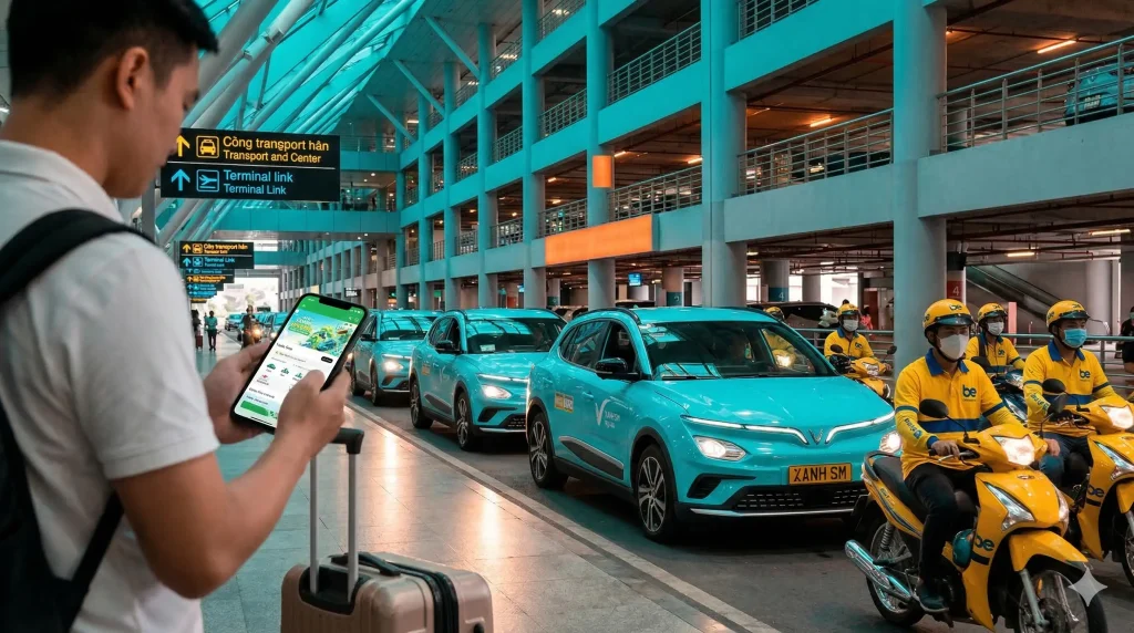 Hành khách đặt xe công nghệ Grab và Xanh SM qua ứng dụng điện thoại tại nhà xe TCP sân bay Tân Sơn Nhất năm 2026.