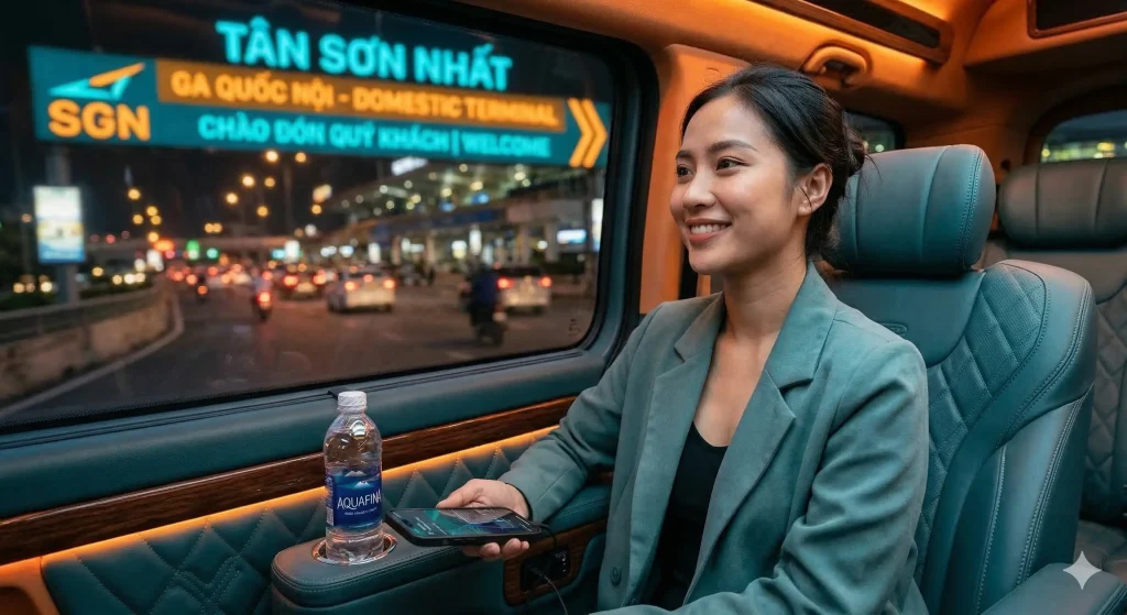 Hành khách nữ người Việt trải nghiệm dịch vụ xe limousine cao cấp tại sân bay Tân Sơn Nhất với nội thất sang trọng, ghế da màu xanh teal và ánh sáng cam ấm cúng.