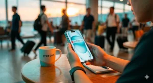 Khách du lịch sử dụng iPhone đã kích hoạt eSIM thành công tại quán Star Cafe sân bay Tân Sơn Nhất trong ánh hoàng hôn.