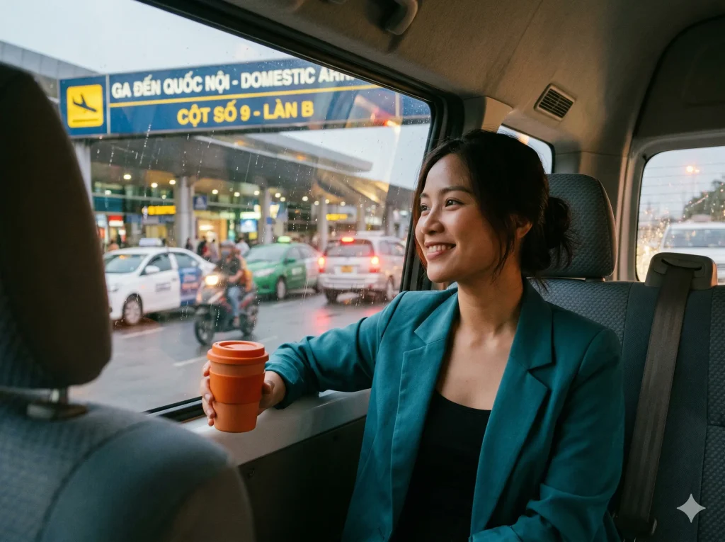 Chân dung một nữ du khách trẻ mỉm cười, ngồi trong xe shuttle của khách sạn sau khi hạ cánh, cầm cốc nước cam (tone màu thương hiệu Teal & Orange), nhìn ra cửa sổ thấy biển hiệu Ga Quốc nội Sân bay Tân Sơn Nhất (Cột số 9 - Làn B) vào buổi tối. Đây là bằng chứng về trải nghiệm thực tế của dịch vụ xe đưa đón khách sạn gần sân bay TSN có xe đưa đón miễn phí. 