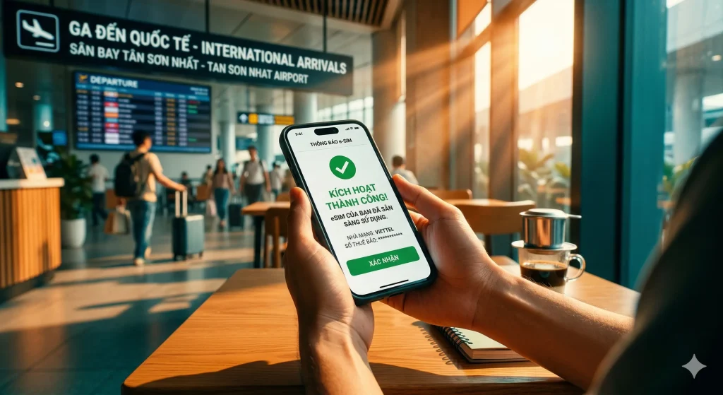 Cận cảnh bàn tay du khách cầm điện thoại iPhone hiển thị thông báo "KÍCH HOẠT THÀNH CÔNG eSIM" với dấu tích xanh, ngồi tại quán cà phê sảnh Ga đến Quốc tế Sân bay Tân Sơn Nhất, ánh nắng chiều rạng rỡ qua cửa kính.