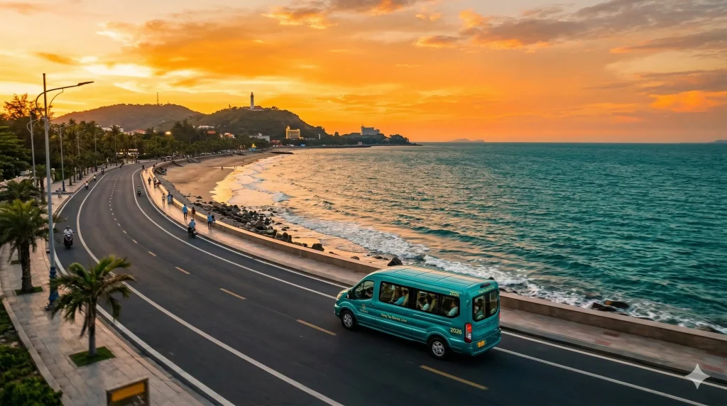 Xe limousine teal chạy trên đường bờ biển Thùy Vân Vũng Tàu trong hoàng hôn - Lịch trình du lịch tự túc 2026.