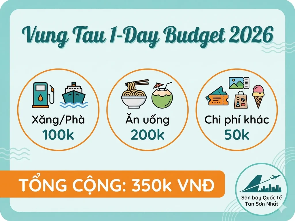 Infographic tổng hợp chi phí du lịch Vũng Tàu 1 ngày tự túc 2026 chỉ với 350.000 VNĐ