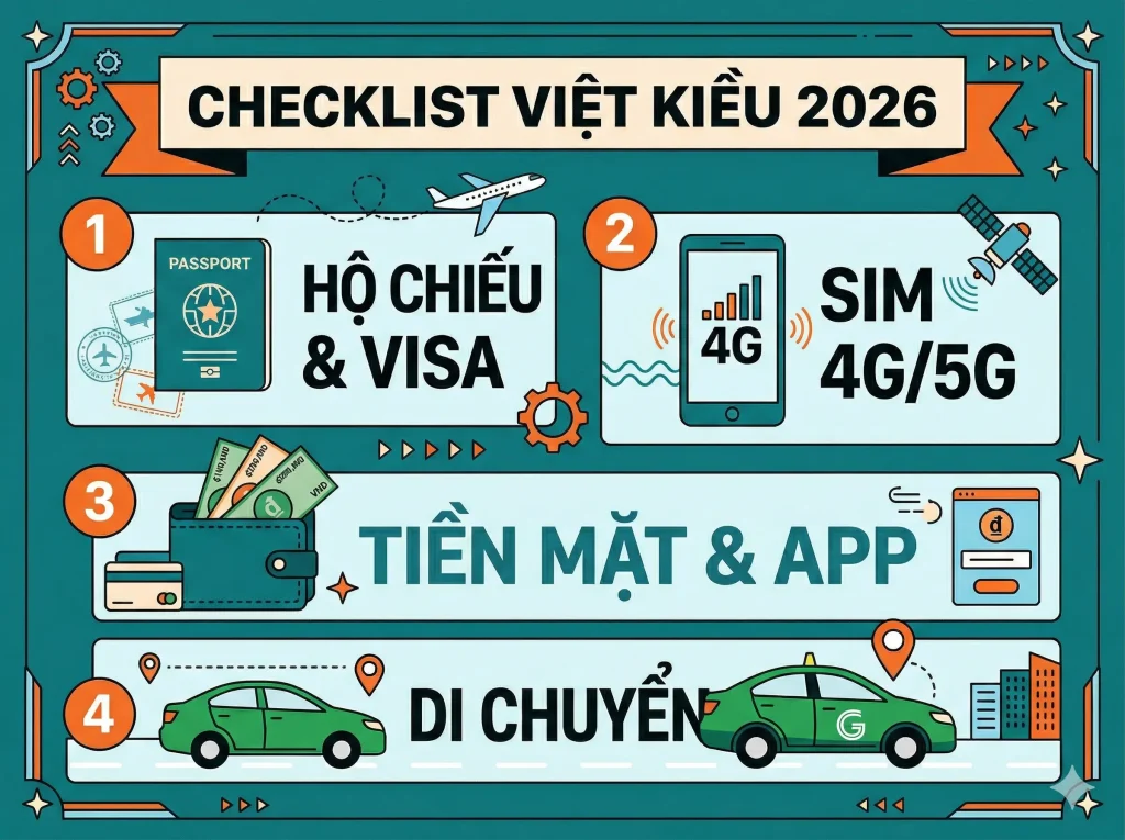 Infographic Checklist Việt Kiều 2026: Hộ chiếu, Sim 4G, Tiền mặt và Di chuyển tại Việt Nam